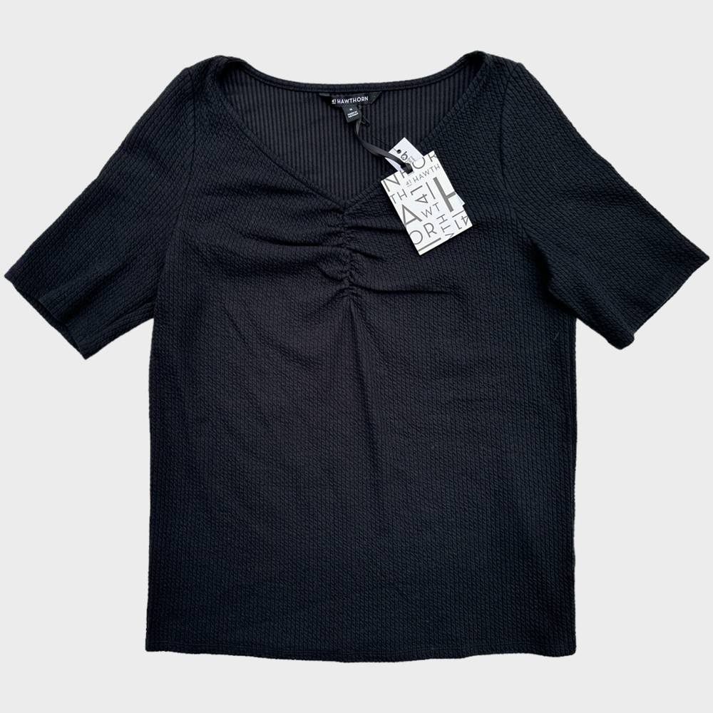 41 Hawthorn Ellie Shirred V Neck Short Sleeve Textured Top Black Size 1X